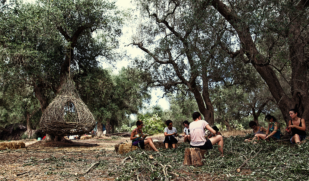 Un gruppo di partecipanti a un workshop si accinge a realizzare i due progetti vincitori. Pulitura dei rami di ulivo prima dell'intreccio. Foto di Francesco Buccarelli (VHS)